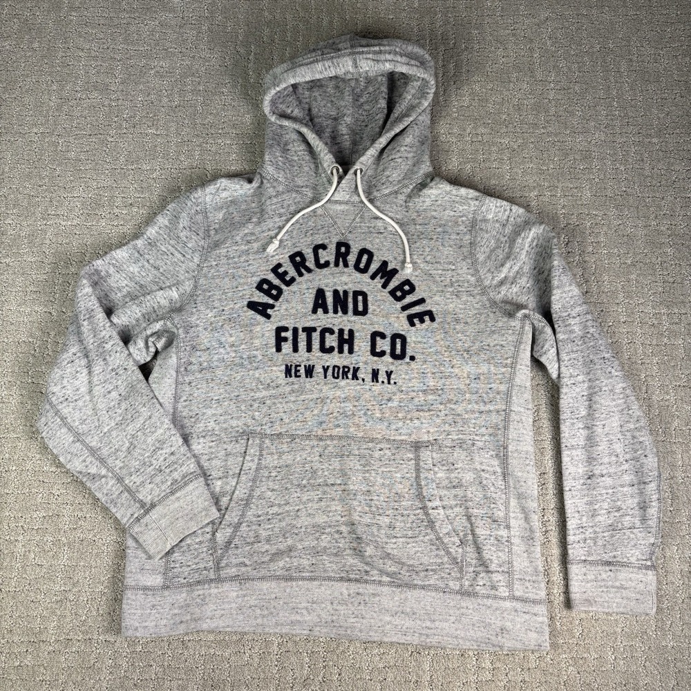 Abercrombie Men's L Fleece Hoodie Heathered Gray New York Y2K Drawstring Pocket